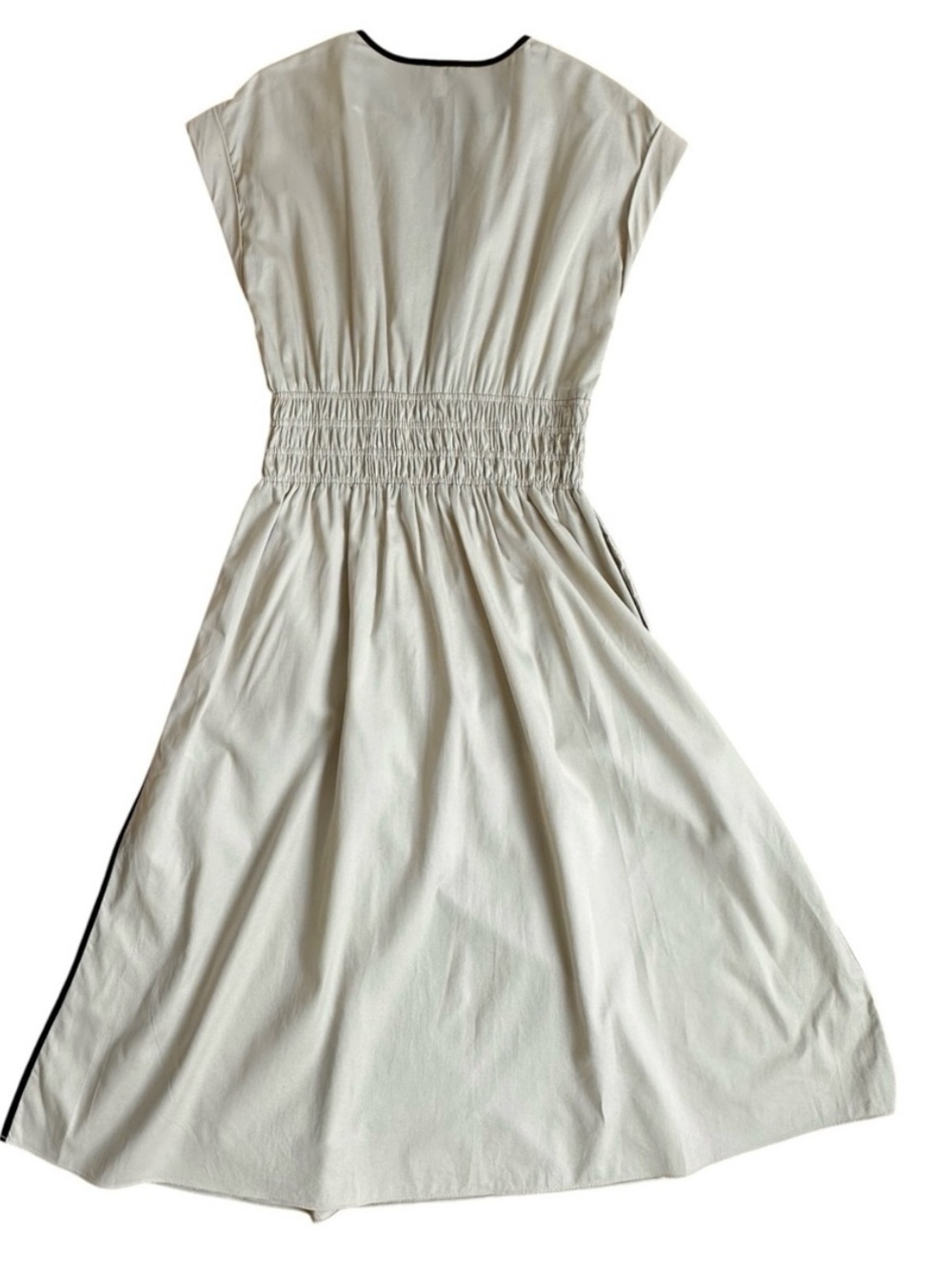 Beige/Cream Smocked Waist Midi Dress with Contrast Trim - Picture 2 of 9